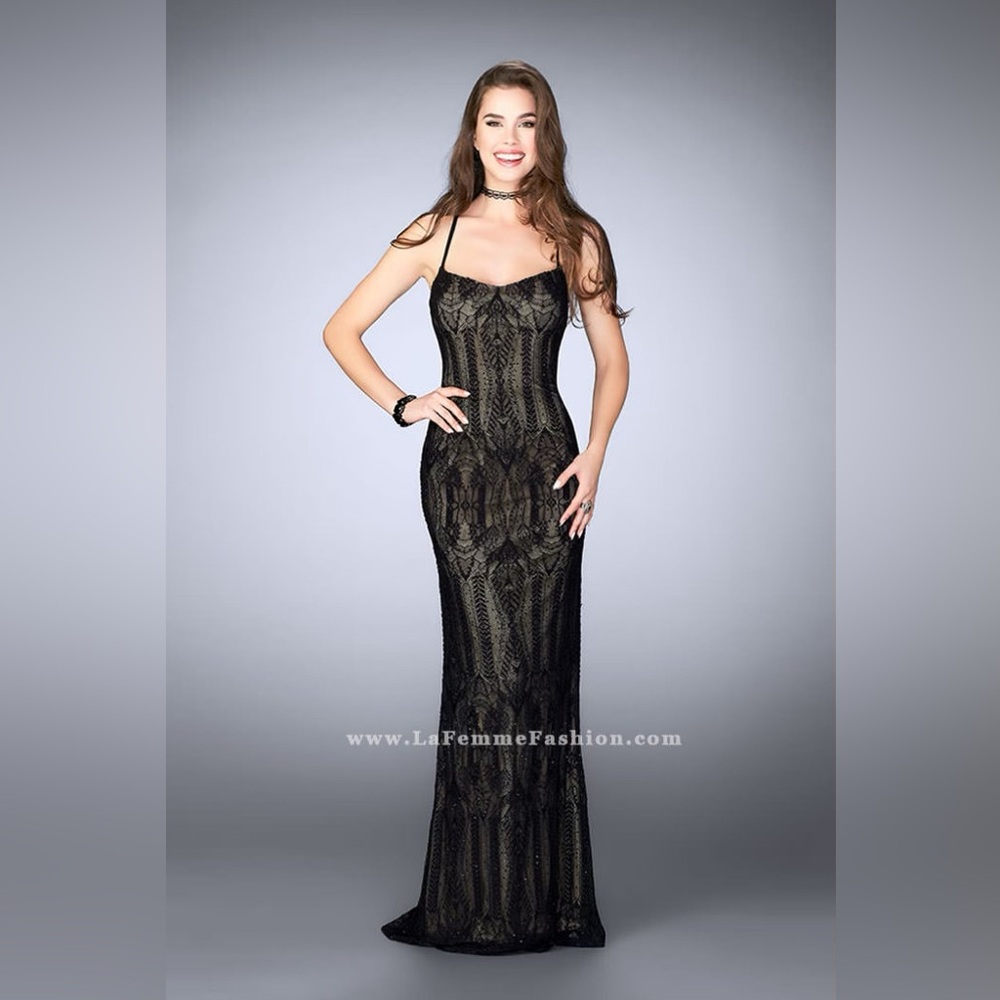 La Femme Black Lace Rhinestone Backless Gown 24131